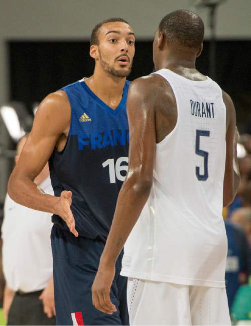 Rick Egan  |  The Salt Lake Tribune

Rudy Gobert (16) of France shakes hands with Kevin Durant (5) of United States after France was defeated 97-100 by the USA, in Olympic basketball acton, in Rio de Janeiro Brazil, Sunday, August 14, 2016.