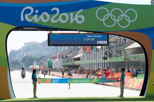 Rick Egan  |  The Salt Lake Tribune

Jemima Jelagat Sumgong  approaches the finishline for the gold medal, in the women's Marathon, in Rio de Janeiro Brazil, Sunday, August 14, 2016.