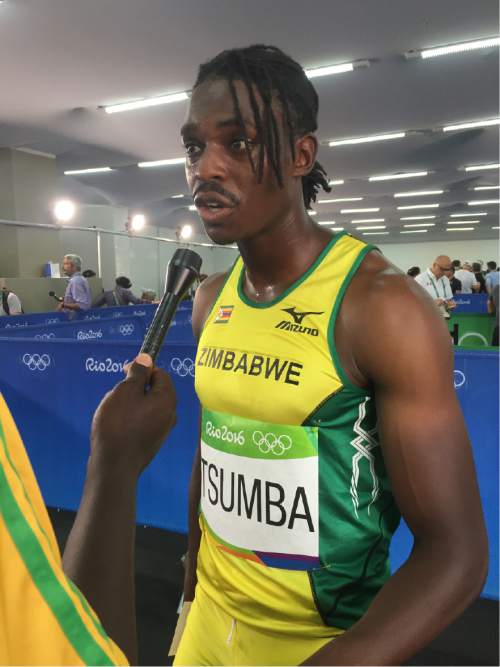 Christopher Kamrani  |  Salt Lake Tribune

BYU sprinter Tatenda Tsumba speaks to the media after his sixth-place finish in Tuesday's 200-meter sprint at the Olympic Stadium in Rio de Janeiro.