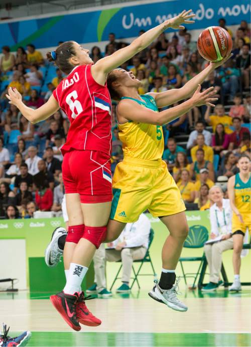 Rick Egan  |  The Salt Lake Tribune

Leilani Mitchell (5) of Australia goes in for a lay up, as Sasa Cado (6) of Serbia defends, in women's basketball, Australia vs. Serbia, at Carioca Arena in Rio de Janeiro, Tuesday, August 16, 2016.
