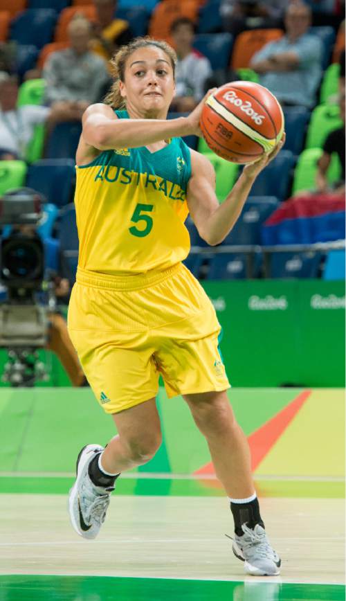 Rick Egan  |  The Salt Lake Tribune

Leilani Mitchell (5) of Australia dishes off a pass, in women's basketball, Australia vs. Serbia, at Carioca Arena in Rio de Janeiro, Tuesday, August 16, 2016.