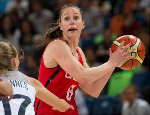 Rick Egan  |  The Salt Lake Tribune

Kim Gaucher (8) of Canada looks to pass,  in Olympic Women's basketball action, Canada vs. France, in Rio de janeiro, Tuesday, August 16, 2016.
