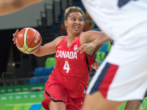 Rick Egan  |  The Salt Lake Tribune

Miah-Marie Langlois (4) drives to the hoop in Olympic Women's basketball action in Rio de janeiro, Tuesday, August 16, 2016.