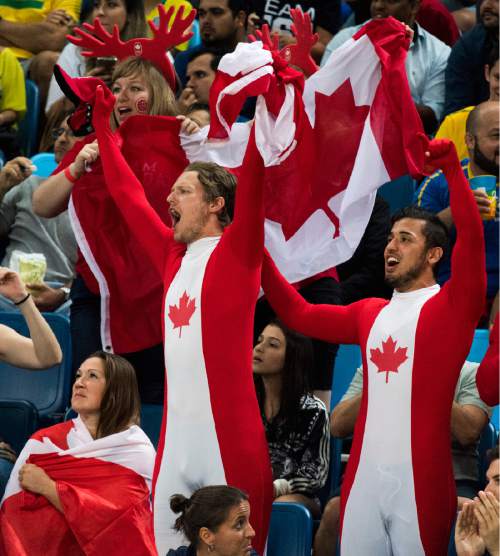 Rick Egan  |  The Salt Lake Tribune

Fans cheer for Canada, as they faced France in Olympic Women's basketball action in Rio de Janeiro, Tuesday, August 16, 2016.