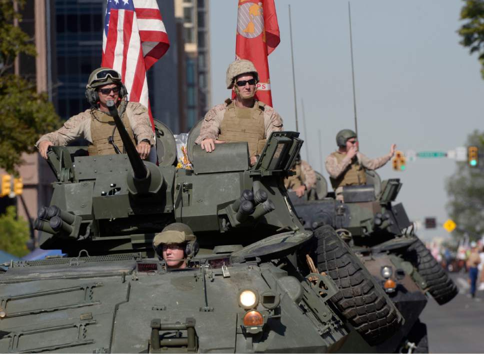 Al Hartmann  |  The Salt Lake Tribune 
Marine Corps roll along the Day's of 47 parade route in downtown Salt Lake City Monday July 25 celebrating Utah's heritage and spirit.