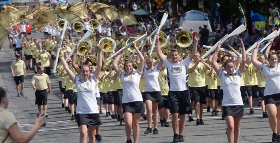 Al Hartmann  |  The Salt Lake Tribune 
Utah's famous Davis High School band marches in the Day's of 47 parade in downtown Salt Lake City Monday July 25 celebrating Utah's heritage and spirit.