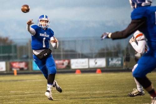 Chris Detrick  |  The Salt Lake Tribune
Bingham's Matt Degn (1) passes the ball during the game at Bingham High School Friday November 6, 2015.