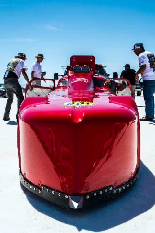 Chris Detrick  |  The Salt Lake Tribune
The Redhead from Redding, California, gets ready to race during Speed Week at the Bonneville Salt Flats Saturday August 13, 2016.