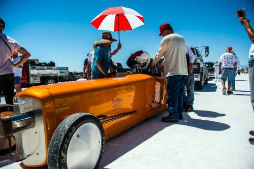 Chris Detrick  |  The Salt Lake Tribune
Members of the crew get the car from Goldman Shores Racing ready during Speed Week at the Bonneville Salt Flats Saturday August 13, 2016.