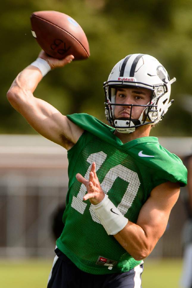 Trent Nelson  |  The Salt Lake Tribune
BYU quarterback Koy Detmer Jr. at the first BYU fall camp practice under new coach Kalani Sitake, Friday August 5, 2016 in Provo.