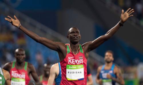 Rick Egan  |  The Salt Lake Tribune

David Rudisha celebrates as he wins the  gold medal for Kenya in the 800m, at the Olympic Stadium, in the pole vault, Monday, August 15, 2016.