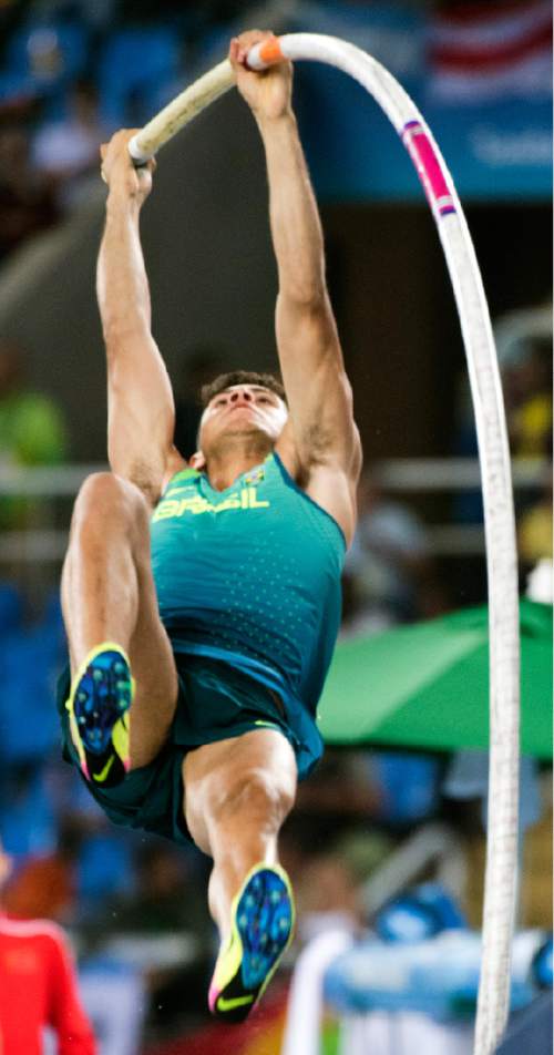 Rick Egan  |  The Salt Lake Tribune

Brazil's Thiago Braz da Silva, clears the bar on his way to a gold medal, at the Olympic Stadium, in the pole vault, Monday, August 15, 2016.