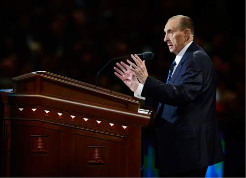 Scott Sommerdorf   |  The Salt Lake Tribune  
President Thomas S. Monson speaks at the morning session of the 186th annual General Conference of the LDS Church, Sunday, April 3, 2016.