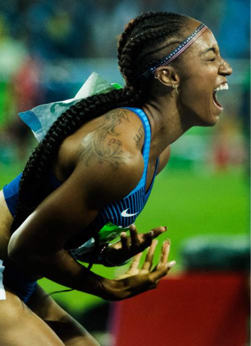 Rick Egan  |  The Salt Lake Tribune

Brianna Rollins reacts at the finish line, after winning the gold in the women's 100-meter hurdles, Wednesday at Olympic Stadium in Rio de Janeiro, Wednesday, August 17, 2016.