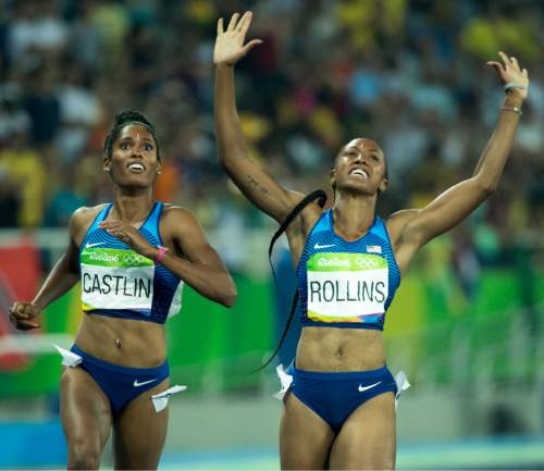 Rick Egan  |  The Salt Lake Tribune

Brianna Rollins, crosses the finish line with teammate Kristi Castlin, in the women's 100-meter hurdles at Olympic Stadium in Rio de Janeiro, Wednesday, August 17, 2016.
Rollins won gold with a time of 12.48. Ali ran a 12.59 to win silver. Castlin finished with12.61 to win bronze.

This is the first time ever the U.S. has swept the podium in women's 100-meter hurdles, which was introduced at the Munich 1972 Olympic Games.