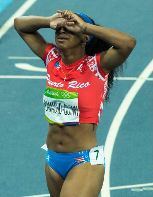 Rick Egan  |  The Salt Lake Tribune

Jasmine Camacho-Quinn, Puerto Rico, reacts after she tripped on a hurdle in the 100-meter hurdles semi-final at Olympic Stadium in Rio de Janeiro, Wednesday, August 17, 2016.