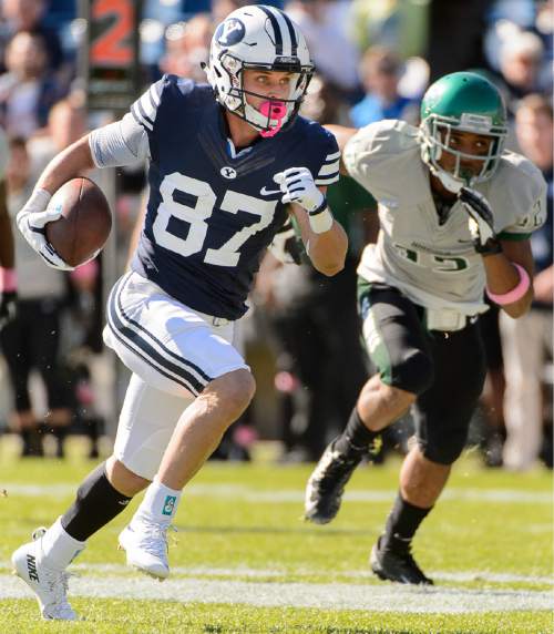 Trent Nelson  |  The Salt Lake Tribune
Brigham Young Cougars wide receiver Mitchell Juergens (87) runs the ball as BYU hosts Wagner, NCAA football at LaVell Edwards Stadium in Provo, Saturday October 24, 2015.