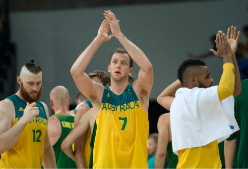 Rick Egan  |  The Salt Lake Tribune

Joe Ingles (7) of Australia claps for the fans as the end of the game, after defeating Lithuania in mens Olympics quarter final basketball action, at Carioca Arena, in Rio de Janeiro, Monday, August 15, 2016.
