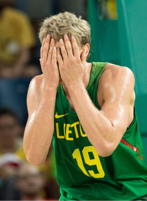 Rick Egan  |  The Salt Lake Tribune

Mindaugas Kuzminskas (19) of Lithuania reacts after picking up his second personal foul, in mens Olympics quarter final basketball action, Australia vs.Lithuania, at Carioca Arena, in Rio de Janeiro, Monday, August 15, 2016.