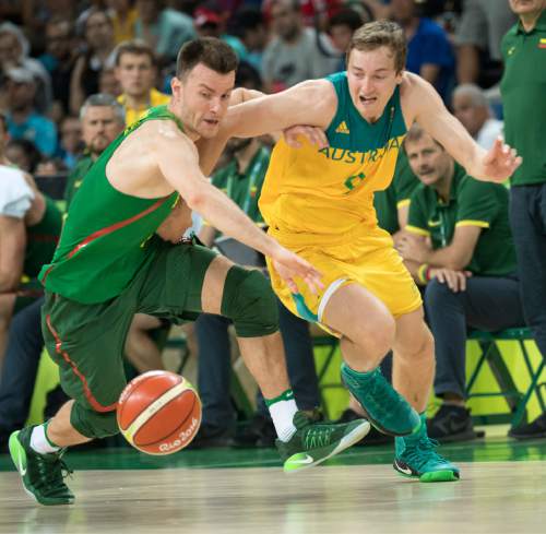Rick Egan  |  The Salt Lake Tribune

Adas Juskevicius (7) of Lithuania goes for the ball along with Ryan Broekhoff (9) of Australia, in mens Olympics quarter final basketball action, Australia vs.Lithuania, at Carioca Arena, in Rio de Janeiro, Monday, August 15, 2016.