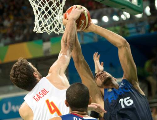 Rick Egan  |  The Salt Lake Tribune

Rudy Gobert of France goes in for a shot, as guard Pau Gasol (4) defends for Spain, in mens Olympics quarterfinal basketball action, France vs.Spain, at Carioca Arena, in Rio de Janeiro, Monday, August 15, 2016.