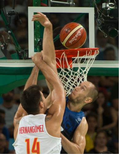 Rick Egan  |  The Salt Lake Tribune

Kim Tillie (17) of France attempts to stop a shot by Guillermo Hernangomez Geuer (14) of Spain in mens Olympics quarterfinal basketball action, France vs.Spain, at Carioca Arena, in Rio de Janeiro, Monday, August 15, 2016.