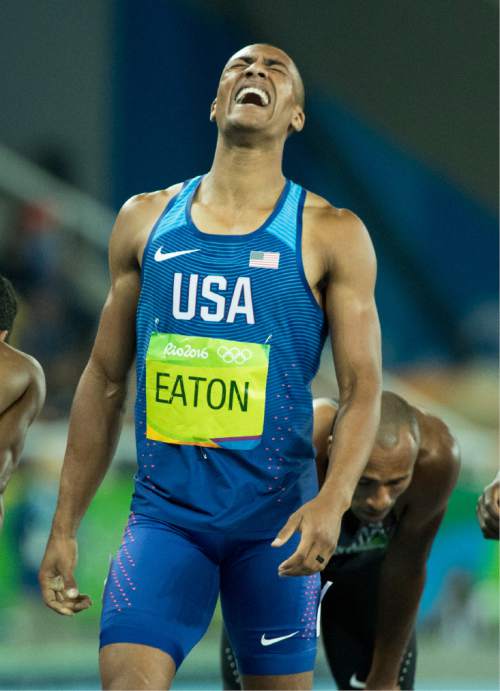 Rick Egan  |  The Salt Lake Tribune

Ashton Eaton reacts as he finishes the 1500-meters with a season-best time of 4:23.33, Olympic Stadium, in Rio de Janeiro, Thursday, August 18, 2016.

 Eaton's final score in the decathlon of 8,893 points ties the Olympic record held by Roman Sebrle of the Czech Republic.