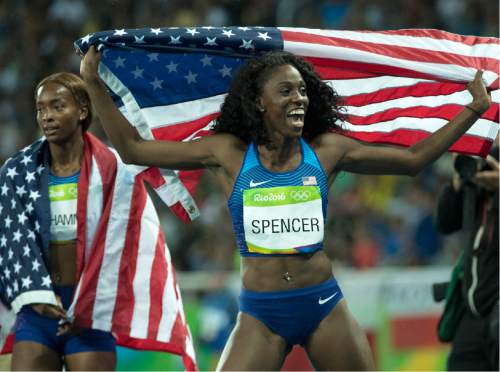 Rick Egan  |  The Salt Lake Tribune

Dalilah Muhammad won the gold medal in the Women's 400-meter Hurdles, and Ashley Spencer won the bronze in the 400-meter hurdles, at Olympic Stadium, in Rio de Janeiro, Thursday, August 18, 2016.