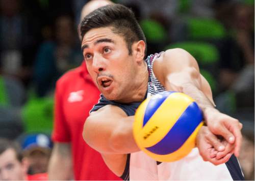 Rick Egan  |  The Salt Lake Tribune

Taylor Sander (3) of United States hits the ball in volleyball action, USA vs. Brazil, in Rio de Janeiro, Thursday, August 11, 2016.