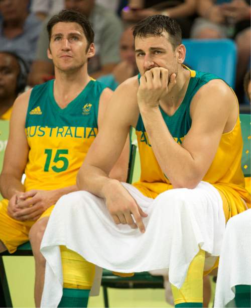 Rick Egan  |  The Salt Lake Tribune

Damian Martin (15) and Andrew Bogut (6) of Australia sit on the bench as Australia trails by more than 30 points, in basketball action, Australia vs. Serbia, at Carioca arena, in Rio de Janeiro, Friday, August 19, 2016.