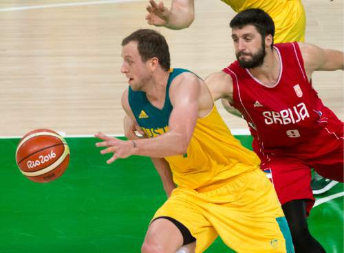 Rick Egan  |  The Salt Lake Tribune

Stefan Markovic (9) of Serbia tries to stop a fast break by Joe Ingles (7) of Australia after he stole the ball away, in basketball action, Australia vs. Serbia, at Carioca arena, in Rio de Janeiro, Friday, August 19, 2016.