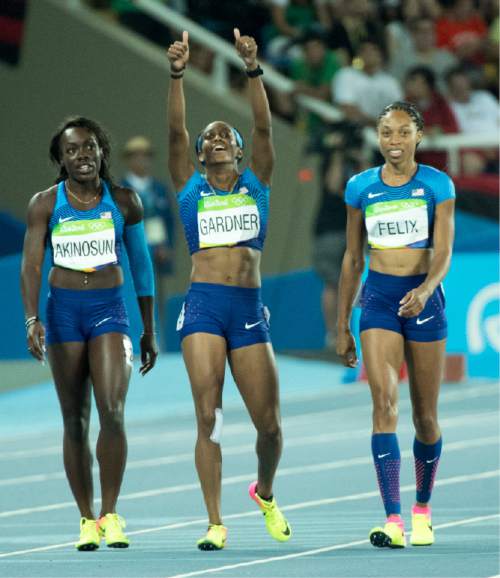Rick Egan  |  The Salt Lake Tribune

Morolake Akinosun, English Gardner, and Allyson Felix  smile after finishing the 4x100 relay with a time of 41.76 for the USA, which qualifies them for the finals tomorrow night, at Olympic Stadium, in Rio de Janeiro, Thursday, August 18, 2016.

A Jury of Appeals granted a protest by the United States on the outcome of second heat of the women's 400-meter relay, in which the U.S. relay was disqualified after dropping the baton.