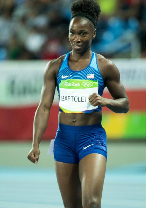 Rick Egan  |  The Salt Lake Tribune

Tianna Bartoletta smiles after the USA team finished with a time of 41.76, which qualifies them for the finals of the 4x100 at Olympic Stadium, in Rio de Janeiro, Thursday, August 18, 2016.

A Jury of Appeals granted a protest by the United States on the outcome of second heat of the women's 400-meter relay, in which the U.S. relay was disqualified after dropping the baton.