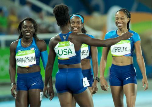Rick Egan  |  The Salt Lake Tribune

Morolake Akinosun, English Gardner, and Allyson Felix and Tianna Bartoletta, gather together after finishing the 4x100 relay with a time of 41.76 for the USA, which qualifies them for the finals tomorrow night, at Olympic Stadium, in Rio de Janeiro, Thursday, August 18, 2016.

A Jury of Appeals granted a protest by the United States on the outcome of second heat of the women's 400-meter relay, in which the U.S. relay was disqualified after dropping the baton.