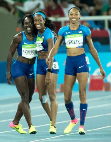 Rick Egan  |  The Salt Lake Tribune

Morolake Akinosun, English Gardner, and Allyson Felix  smile after finishing the the 4x100 relay with a time of 41.76 for the USA, which qualifies them for the finals tomorrow night, at Olympic Stadium, in Rio de Janeiro, Thursday, August 18, 2016.

A Jury of Appeals granted a protest by the United States on the outcome of second heat of the women's 400-meter relay, in which the U.S. relay was disqualified after dropping the baton.