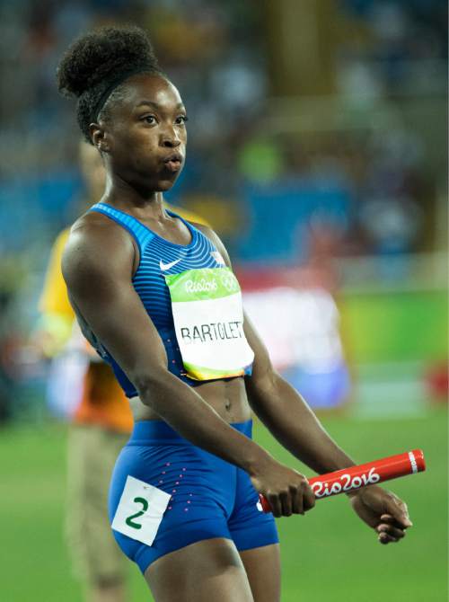 Rick Egan  |  The Salt Lake Tribune

Tianna Bartoletta gets set to run the first leg of the 4x100 relay for the USA, at Olympic Stadium, in Rio de Janeiro, Thursday, August 18, 2016.

A Jury of Appeals granted a protest by the United States on the outcome of second heat of the women's 400-meter relay, in which the U.S. relay was disqualified after dropping the baton.