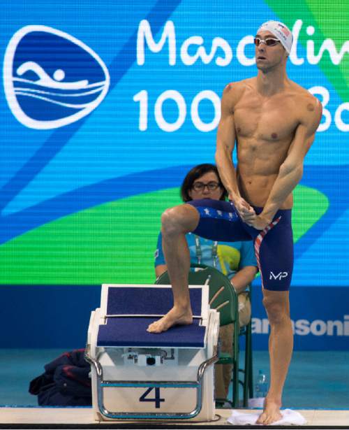 Rick Egan  |  The Salt Lake Tribune

United States swimmer, Michael Phelps, prepares to swim the Men's 100m butterfly, at the Olympic Aquatics Stadium, in Rio de Janeiro, Thursday, August 11, 2016.