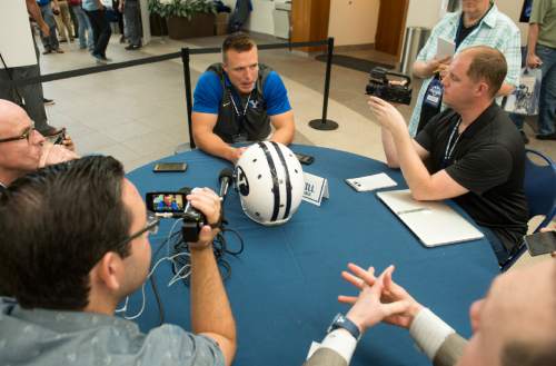 Rick Egan  |  The Salt Lake Tribune

BYU quarterback, Taysom Hill, answers questions during the annual football media day at the Broadcasting Building,Thursday, June 30, 2016.