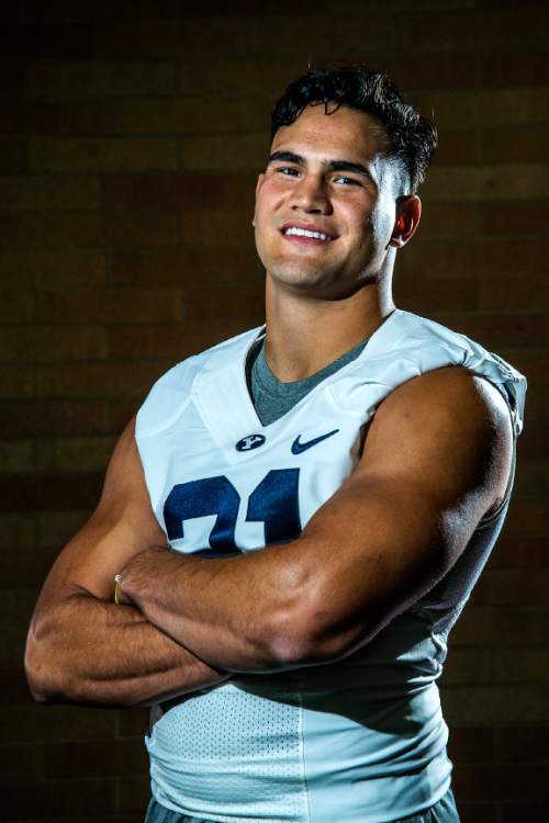 Chris Detrick  |  The Salt Lake Tribune
Brigham Young Cougars linebacker Sae Tautu (31) poses for a portrait at the indoor practice facility Tuesday August 9, 2016.