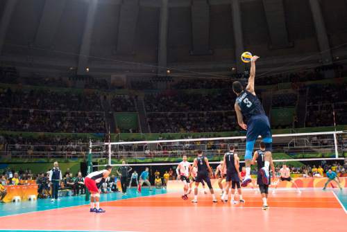 Rick Egan  |  The Salt Lake Tribune

Taylor Sander (3) serves the ball, in Men's Olympic volleyball action, United States vs. Canada, at Ginásio do Maracanãzinho, in Rio de Janeiro, Sunday, August 7, 2016.