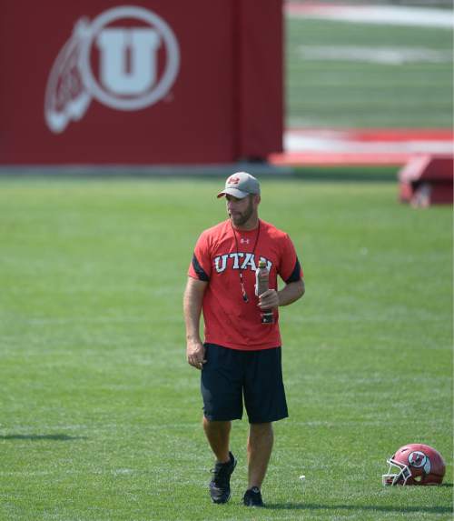 Francisco Kjolseth | The Salt Lake Tribune
The University of Utah football defensive coordinator Morgan Scalley joins the team as they prepare to wrap up the last few days of fall camp on Friday, Aug. 19, 2016.