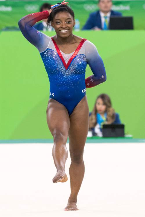 Rick Egan  |  The Salt Lake Tribune

Simone Biles performs on the Floor, winning the Gold Medal in Olympic Artistic Gymnastics,  in Rio de Janeiro, Monday, August 15, 2016.