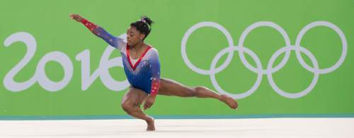 Rick Egan  |  The Salt Lake Tribune

Simone Biles performs on the Floor, winning the Gold Medal in Olympic Artistic Gymnastics,  in Rio de Janeiro, Monday, August 15, 2016.