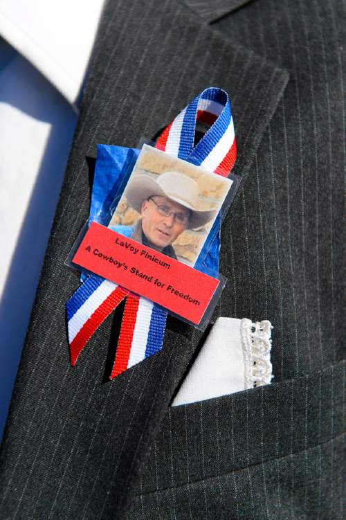 Trent Nelson  |  The Salt Lake Tribune
A ribbon and photograph on a mourner at the funeral for Robert "LaVoy" Finicum, in Kanab, Friday February 5, 2016. Finicum was shot and killed by police during a January 26 traffic stop. Finicum was part of the armed occupation of an Oregon wildlife refuge.