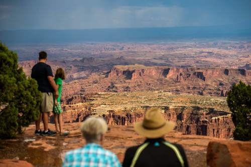 Chris Detrick  |  The Salt Lake Tribune
Visitors look at Grand View Point in the Island in the Sky District at Canyonlands National Park Wednesday August 24, 2016.