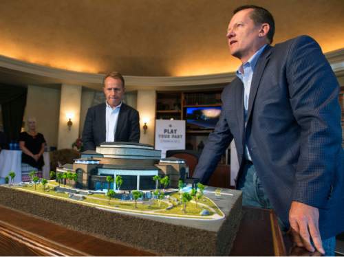 Steve Griffin / The Salt Lake Tribune

Lyle Beecher, of Beecher Walker Architects, left, and Jeff Bleecher, of Layton Construction, show off a 3D model of Sandy's new Hale Centre Theatre during kick-off of  the theater's "Play your Part" public fundraising campaign in West Valley City Thursday August 25, 2016.