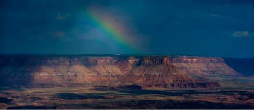 Chris Detrick  |  The Salt Lake Tribune
A rainbow appears in the distance as seen from Grand View Point in the Island in the Sky District at Canyonlands National Park Wednesday August 24, 2016.
