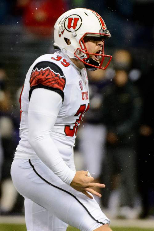 Trent Nelson  |  The Salt Lake Tribune
Utah Utes place kicker Andy Phillips (39) celebrates a field goal late in the fourth quarter as the University of Utah faces the University of Washington, NCAA football at Husky Stadium in Seattle, Saturday November 7, 2015.
