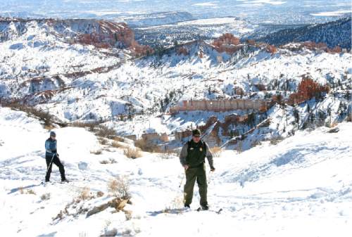 Rick Egan  |  The Salt Lake Tribune
Mark and Shoshanna Hnat cross country ski at Bryce Canyon National Park. "A lot of folks are surprised by the snow in general when they arrive here in the winter," said Mark Hnat, deputy chief ranger at Bryce Canyon National Park. "They think we are so close to the desert and so close to lower elevations that we wouldn't get enough snow for skiing."