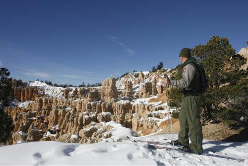Rick Egan   |  The Salt Lake Tribune

Mark and Shoshannoa Hnat cross country ski at Bryce Canyon National Park,  Wednesday, January 6, 2010